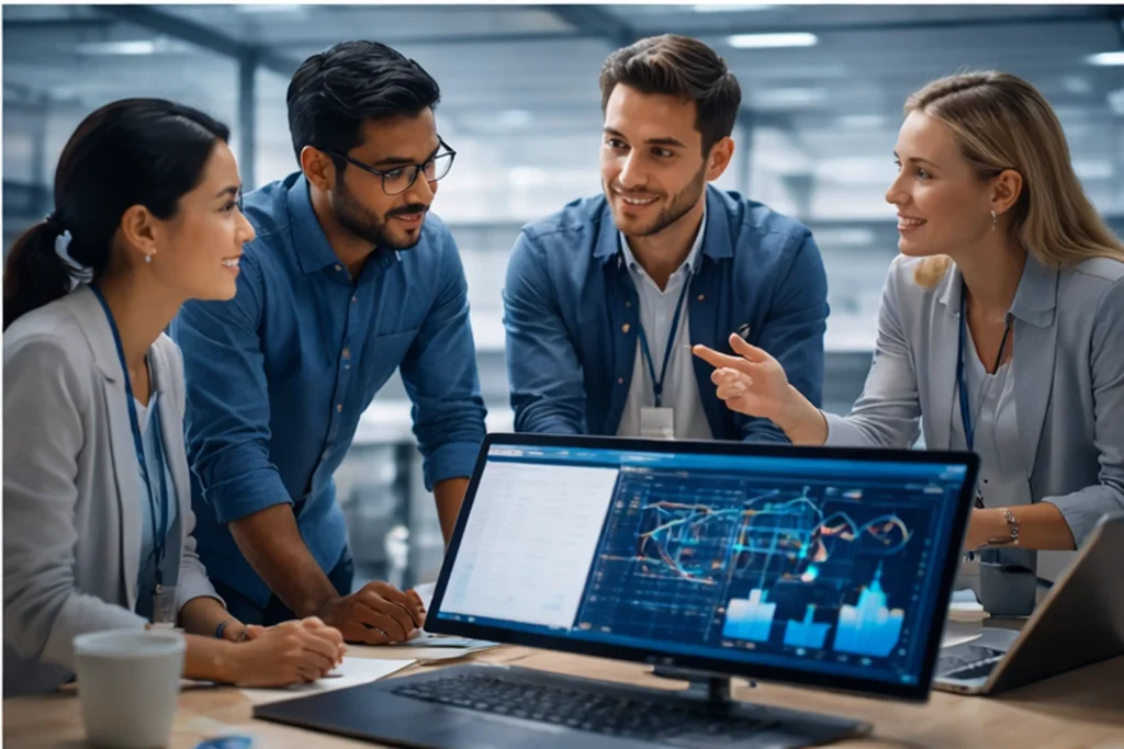 Team of Machine Learning Engineer Interns brainstorming and analyzing data for scalable AI projects in an office setting