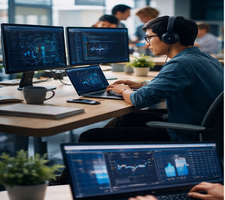 Machine Learning Engineer Intern working individually on a laptop, coding Python and building ML models