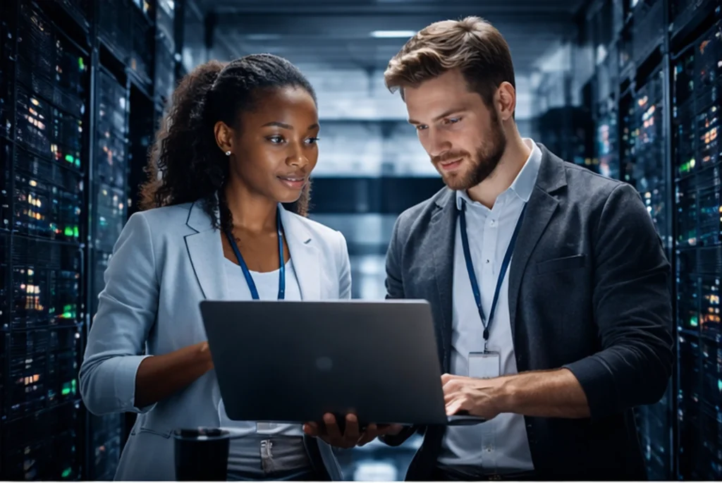 Machine Learning Engineer Intern collaborating in a server room, handling cloud-based AI infrastructure and data pipelines