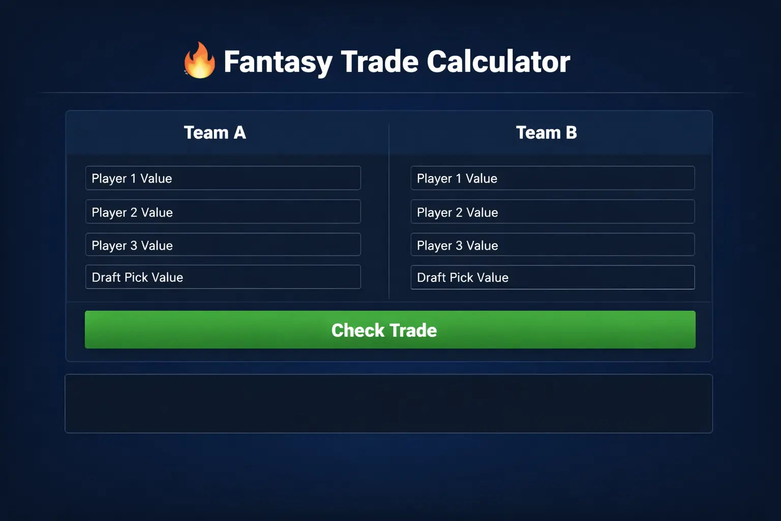 Fantasy Trade Calculator interface showing Team A and Team B player value input fields with a green “Check Trade” button for comparing fantasy sports trades