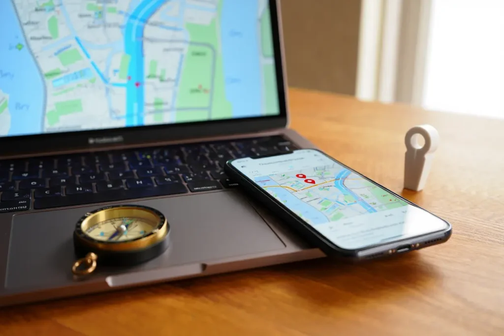 Map calculator showing distance measurement between two locations on digital map interface