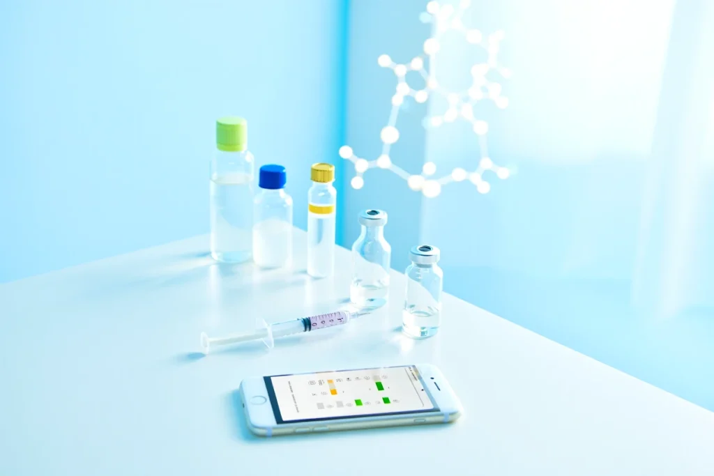 AI-powered peptide calculator interface showing solubility and stability results