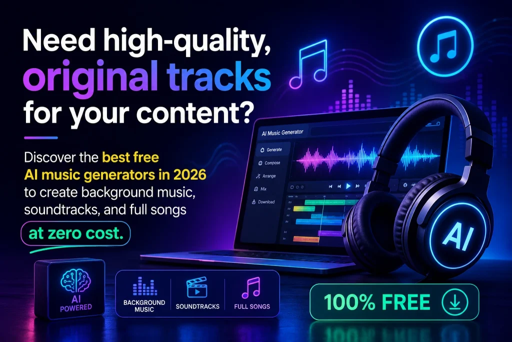 Need high-quality, original tracks for your content? Discover the best free AI music generators in 2026 to create background music, soundtracks, and full songs at zero cost.