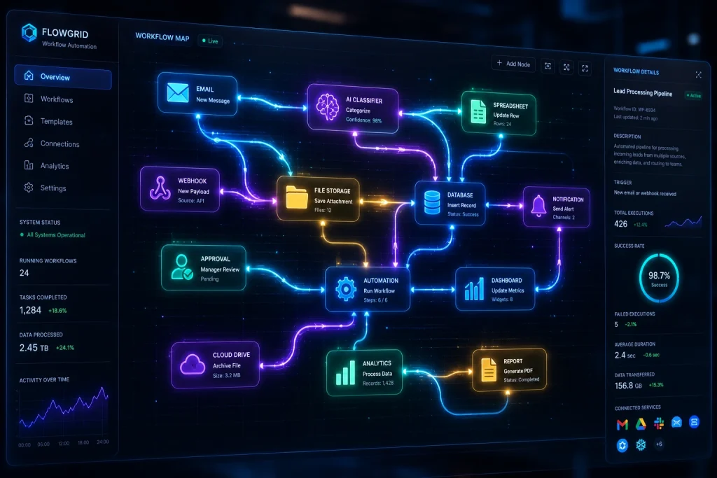 best free ai agents for task automation showing a futuristic digital workflow node map