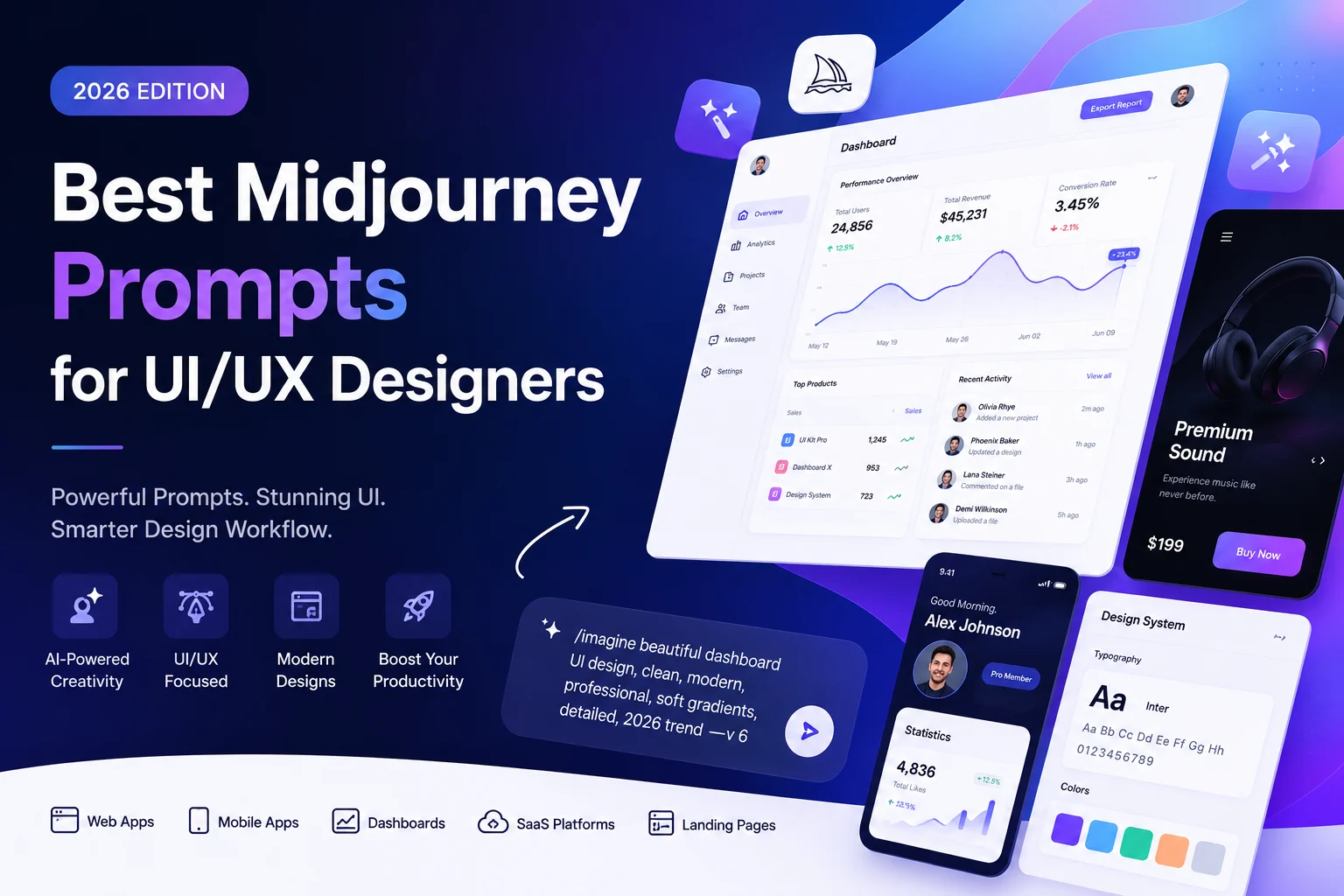 Unlock 20+ best free Midjourney prompts for UI/UX designers 2026. Create hyper-realistic mobile app interfaces, SaaS dashboards, and landing pages instantly!