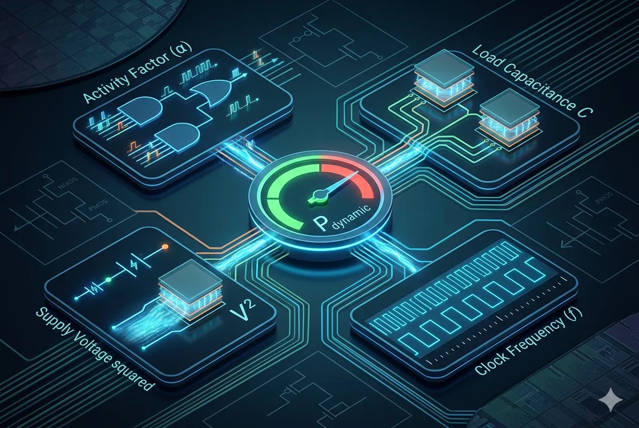 iphone 18 release date A 3D, high-tech conceptual illustration on a dark blue background representing the four factors of dynamic power consumption in CMOS circuits. A central glowing gauge is connected by glowing cyan circuit board traces to four surrounding rectangular panels. The top-left panel shows abstract logic gate symbols and pulse waves representing the switching activity factor. The top-right panel displays glowing, layered capacitor structures representing load capacitance. The bottom-left panel depicts an energy flow representing supply voltage squared. The bottom-right panel shows a continuous square wave representing clock frequency. Subtle circuit diagrams and silicon wafer patterns fade into the background."